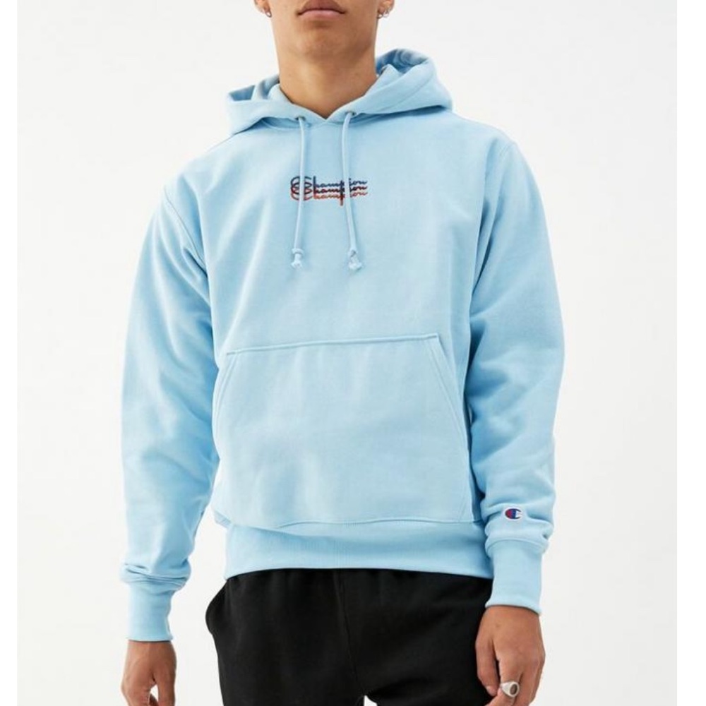 Champion Mens Stacked Heritage Hoodie Light Blue